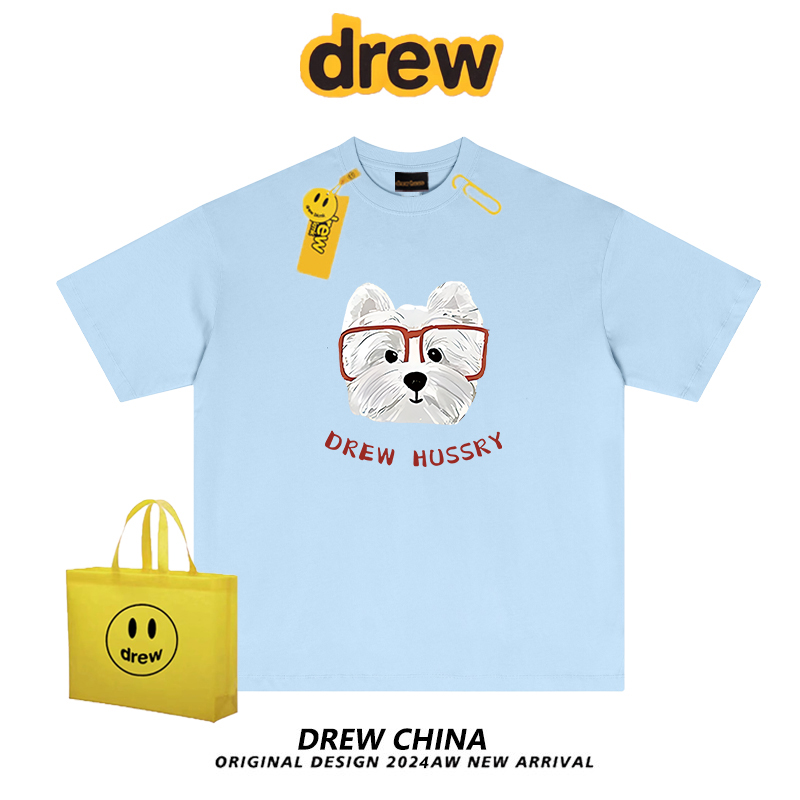 drew美式潮牌小狗印花短袖t恤男女同款夏季休闲宽松纯棉情侣上衣