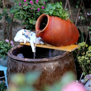 花园庭院鱼缸流水摆件水缸客厅树脂循环吐水diy装 水培罐 饰微景观