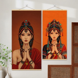 卓玛竹帘挂画装饰画茶室禅意背景遮挡帘子进门走廊玄关免打孔遮丑