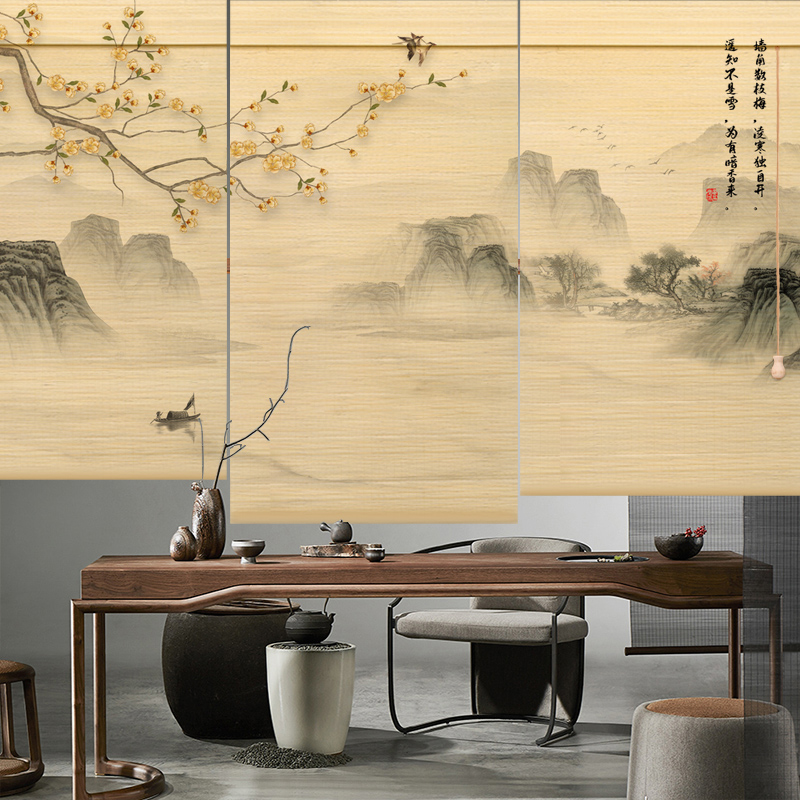 中式竹帘卷帘茶室挂画帘日式印花窗帘禅意复古隔断遮光遮阳帘升降,居家布艺,卷帘,淘宝优惠券,粉丝福利购,淘宝优惠卷