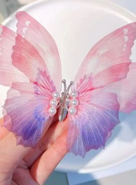 2023年新款会动的渐变蝴蝶儿童发夹发卡碎发薄纱侧边夹小女孩发饰