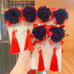 2025新年发饰女童丸子头流苏假发发圈宝宝红色拜年服发绳汉服头饰