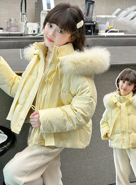 女童短款外套2026新款大毛领羽绒棉服保暖中大童冬季加厚保暖棉袄
