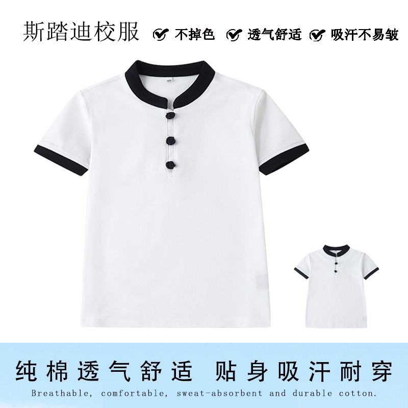 小学生夏季短袖英伦风夏季 男童T恤立领休闲女童POLO衫白色园服