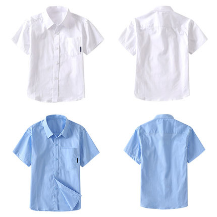 E短袖白衬衣儿童衬衫男童夏薄表演服中小学蓝色纯棉伊顿同款校服