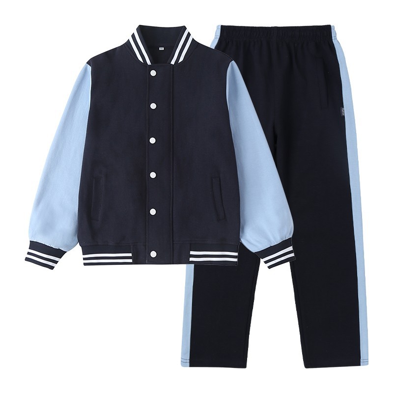 英伦风学生校服春秋季藏青拼湖蓝袖男女童外套纯班服运动服套装