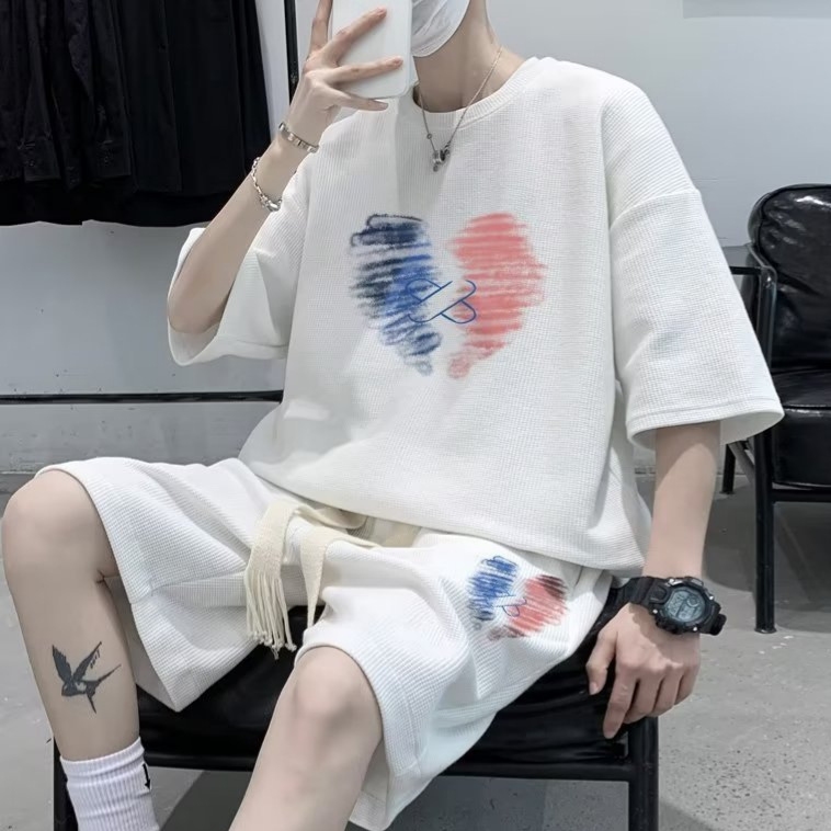 青少年男装帅气学生潮流套装夏季运动短袖t恤五分裤两件套松弛感