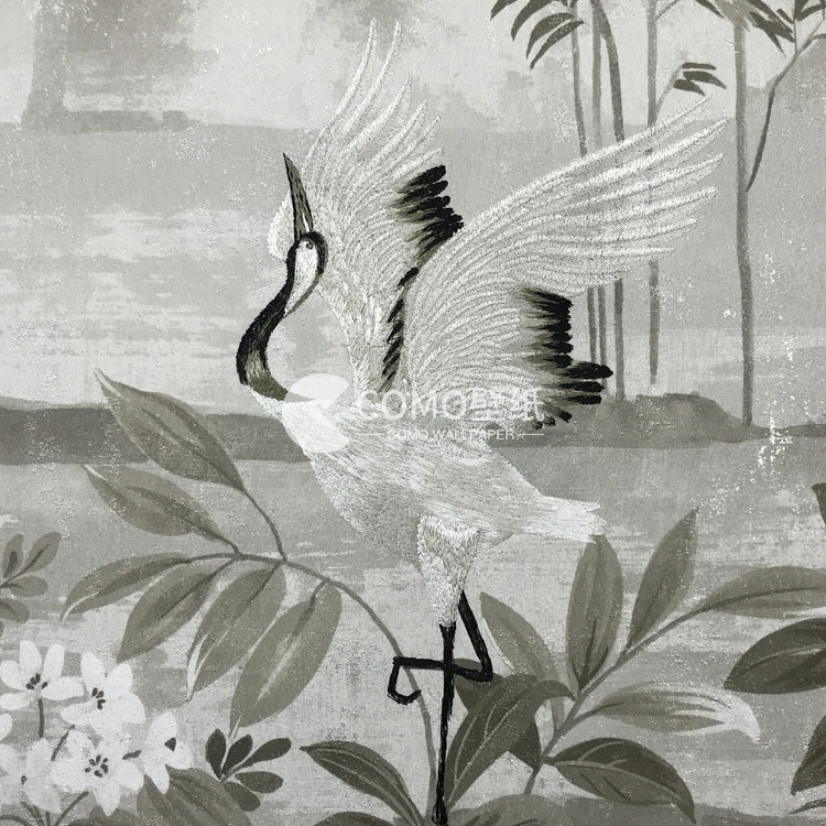 IMMORTAL CRANE云中鹤新中式刺绣背景无缝墙布壁画BA-IC0101 0102
