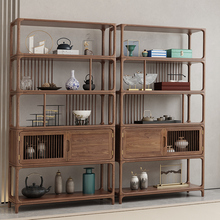 新中式老榆木博物架隔断黑胡桃木博古架实木书架茶室展示置物架