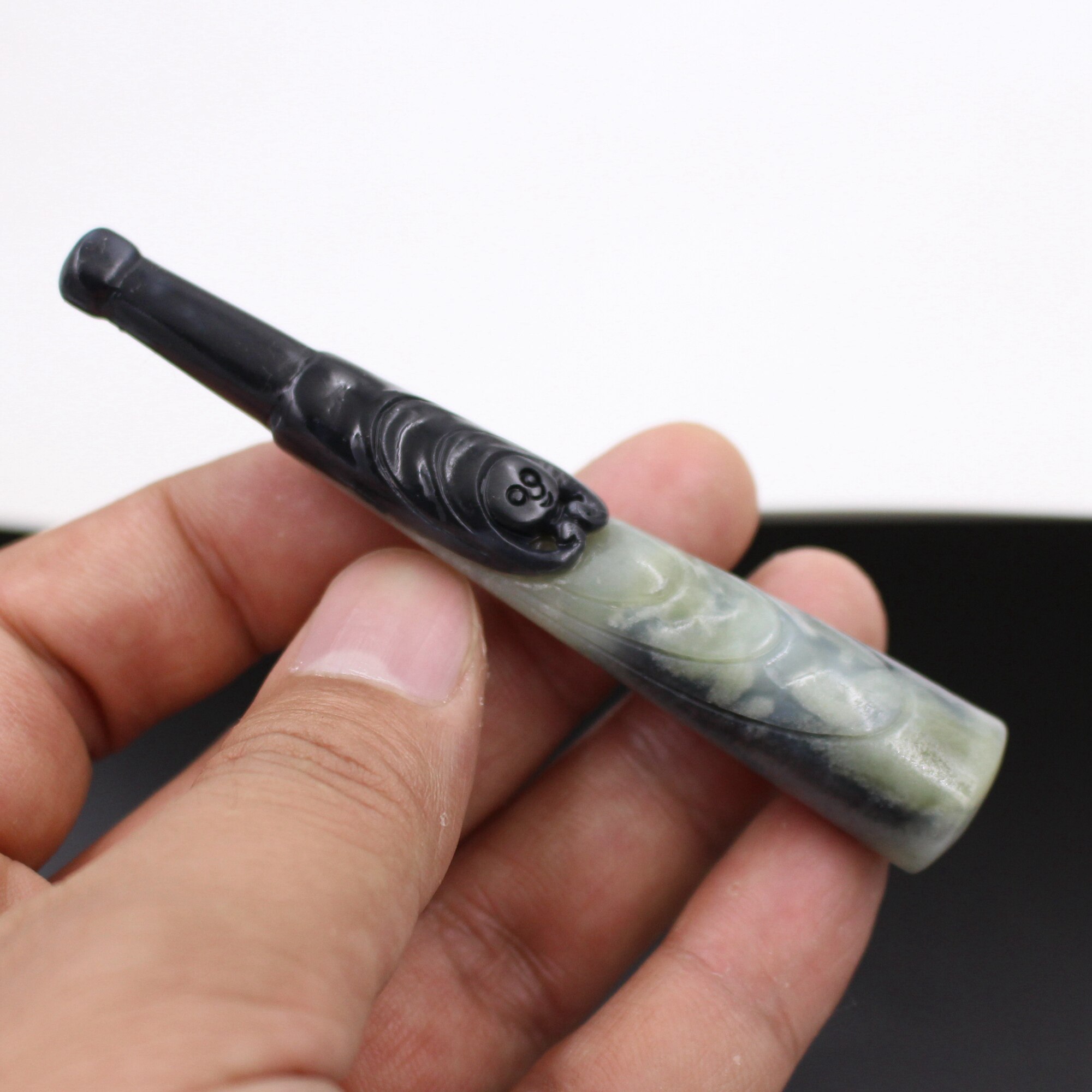 天然新疆和田玉烟嘴青花籽玉福在眼前步步高粗细两用玉石烟嘴烟具