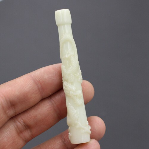 天然和田玉烟嘴白玉龙柱粗烟男女
