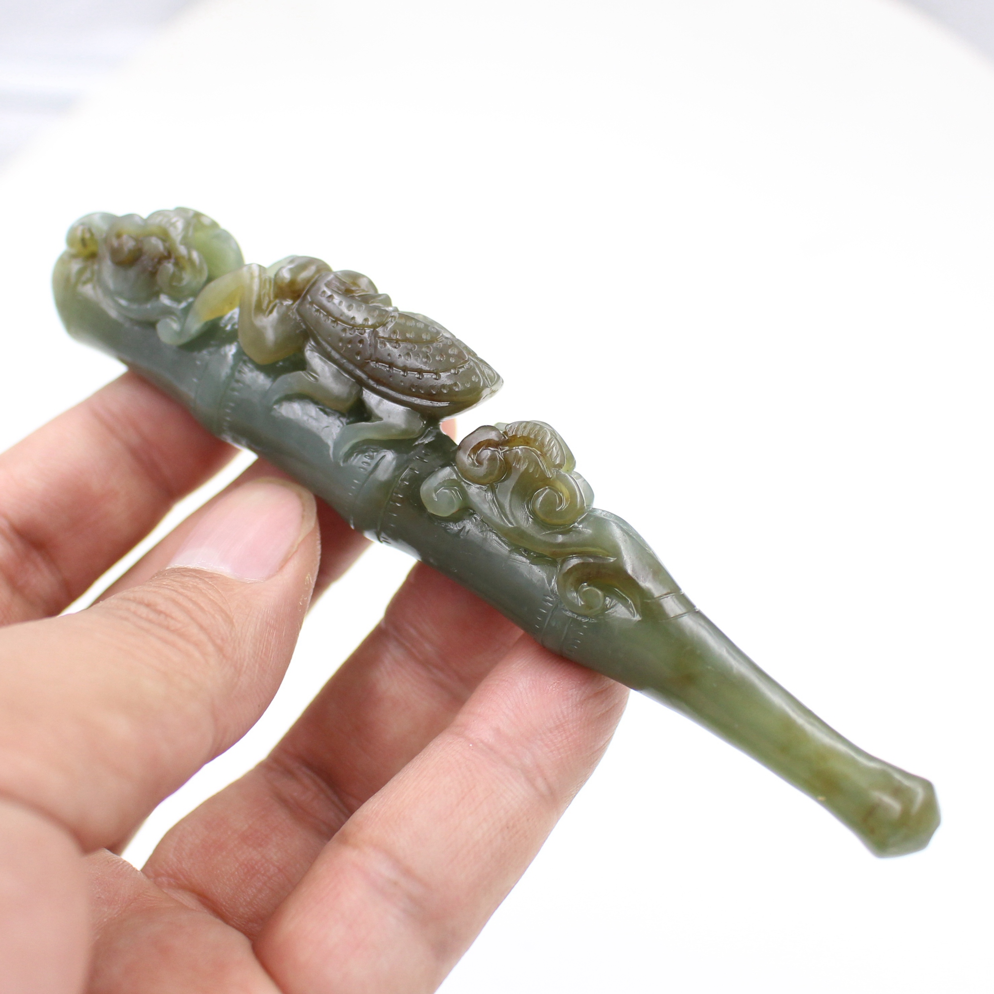 天然和田玉石烟嘴手工雕刻蝉万事如意一鸣惊人过滤净烟器循环烟嘴