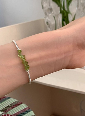 s925纯银碎银子天然水晶橄榄石手链女ins小清新叠戴简约时尚首饰