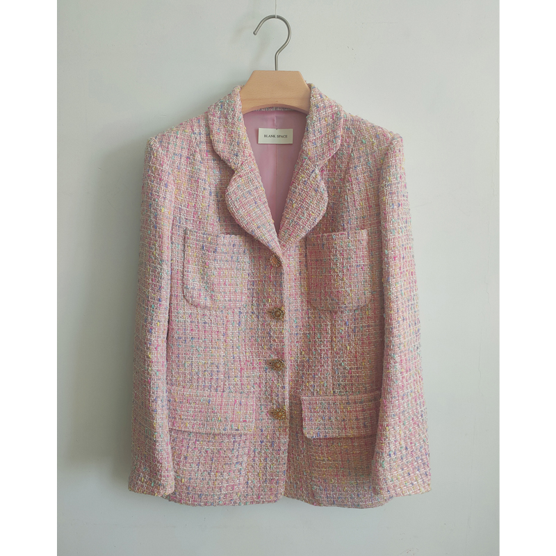 复古香奶奶粉色粗花呢外套中古风格修身外套