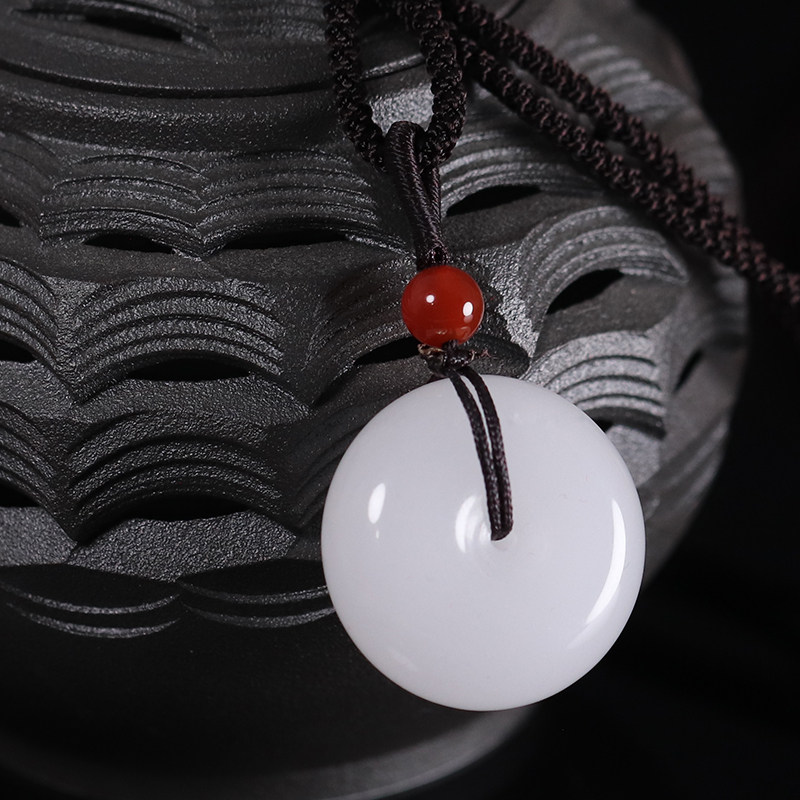 精选天然金丝白玉平安扣保平安纯白色带链子 旭日玉园直播选货