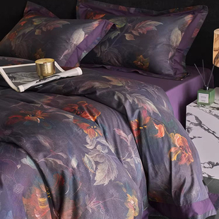 复古美式长绒棉四件套纯棉数码印花紫色被套床单主卧床品1.8