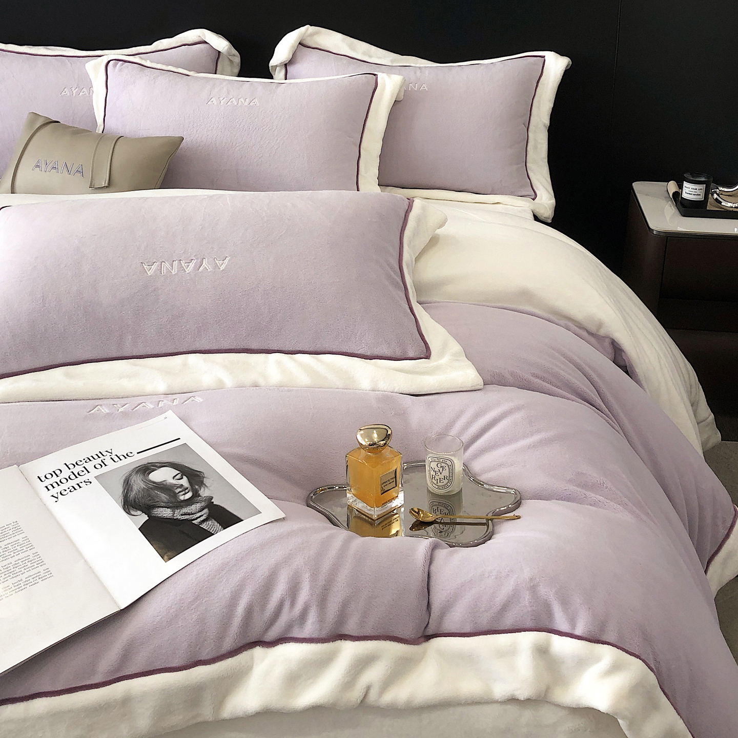 冬季轻奢牛奶绒四件套极简刺绣