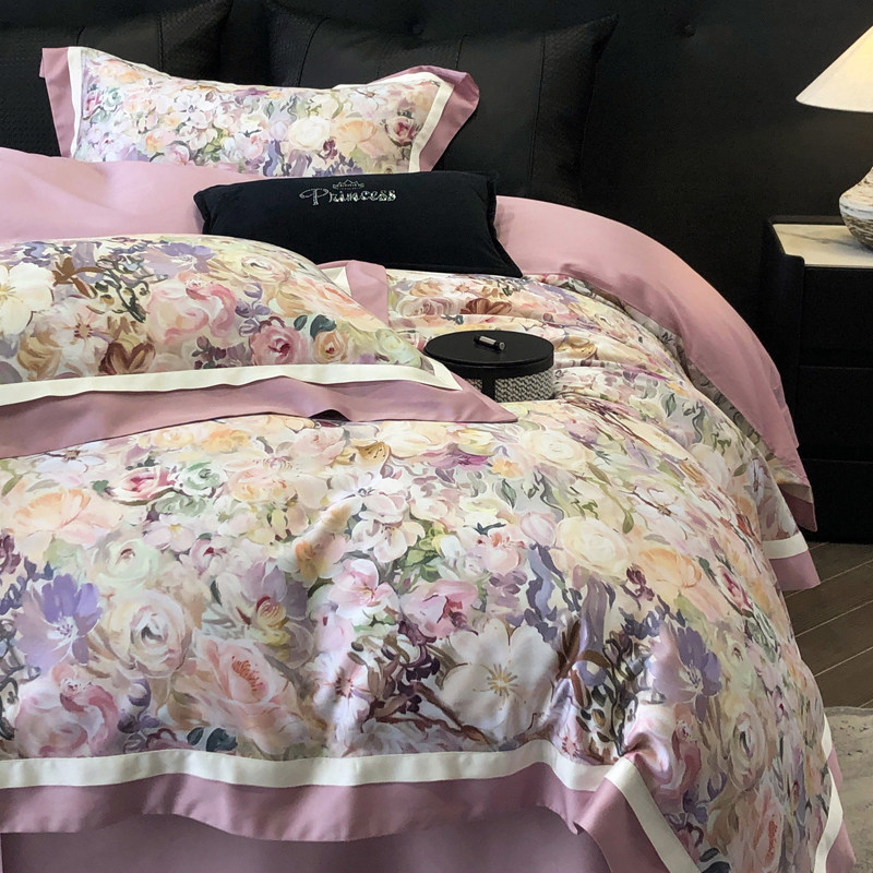 轻奢美式120S双面天丝棉四件套清新数码印花被套床单丝滑裸睡床品