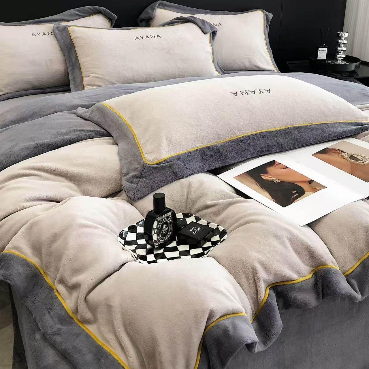 轻奢简约冬季加厚牛奶绒四件套高级感字母刺绣被套床单防静电床品