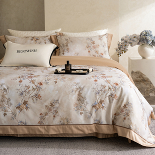 美式新款120S长绒棉贡缎四件套田园花卉全棉纯棉被套床品四季款