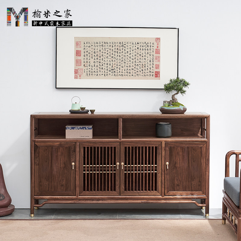 新中式实木餐边柜置物柜黑胡桃木玄关柜禅意茶室储物边柜收纳矮柜,住宅家具,餐边柜,淘宝优惠券,粉丝福利购,淘宝优惠卷