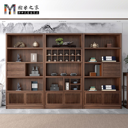 新中式茶室博古架实木茶叶展示柜茶具架多宝阁黑胡桃木办公室书柜