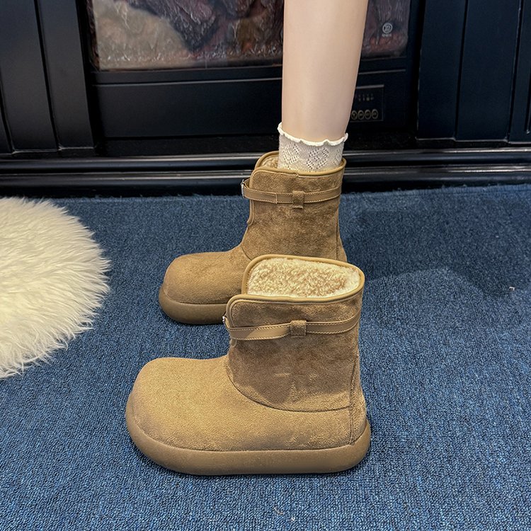 翻折两穿中筒勃肯短靴加绒棉鞋