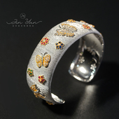 欧美复古意大利精工拉丝工艺s925纯银镀金奢华宫廷镶嵌蝴蝶宽手镯