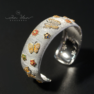 欧美复古意大利精工拉丝工艺s925纯银镀金奢华宫廷镶嵌蝴蝶宽手镯