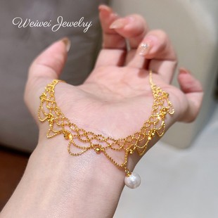 925银镀金蕾丝花边项链女轻奢波纹流苏复古设计珍珠蕾丝编织项链