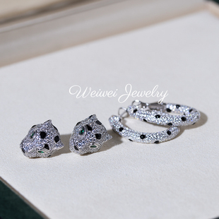 「豹富」猎豹耳钉夸张欧美ins满钻祖母绿耳环925银婚礼晚宴豹子