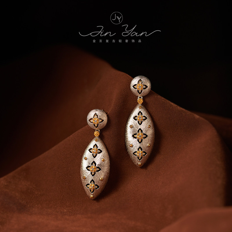 复古意大利精工拉丝工艺s925纯银镀金奢华四叶草镶钻耳环耳钉,饰品/流行首饰/时尚饰品新,耳钉,淘宝优惠券,粉丝福利购,淘宝优惠卷