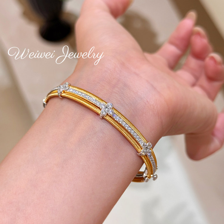 中古绕丝手镯意大利手工拉丝四叶草镶钻轻奢金色925银镀金手环女,饰品/流行首饰/时尚饰品新,手镯,淘宝优惠券,粉丝福利购,淘宝优惠卷