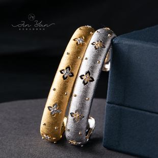 小众复古意大利精工拉丝工艺s925纯银镀金奢华四叶草镶锆石窄手镯