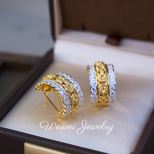 重工925银镀金编织镶钻耳环优雅古典小众设计感金色耳钉耳环