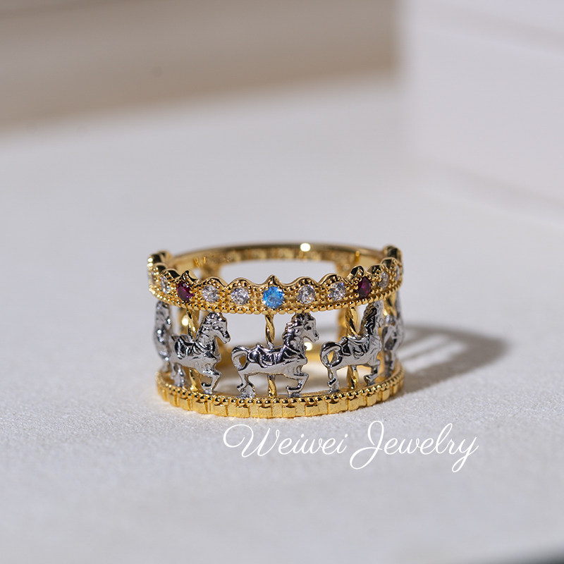 轻奢复古S925银镀18K金蓝宝石旋转木马宽排戒指马年限定礼物,饰品/流行首饰/时尚饰品新,银饰戒指,淘宝优惠券,粉丝福利购,淘宝优惠卷