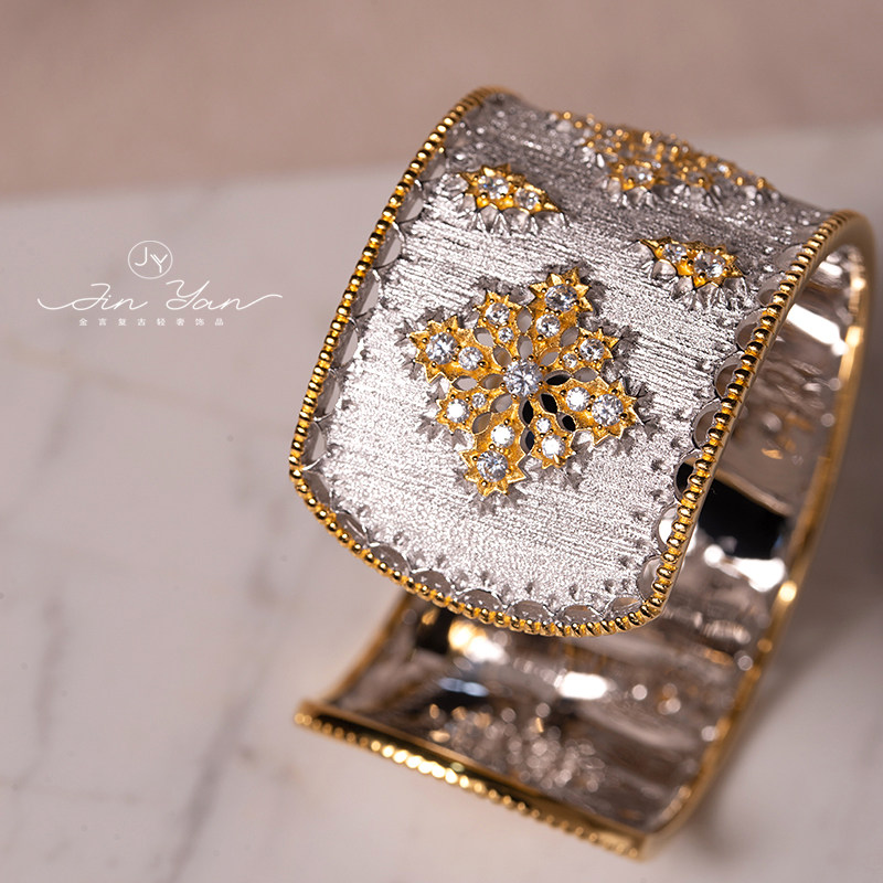 欧洲复古宫廷意大利精工拉丝工艺s925银镀金宫廷雪花微镶开口手镯,饰品/流行首饰/时尚饰品新,手镯,淘宝优惠券,粉丝福利购,淘宝优惠卷