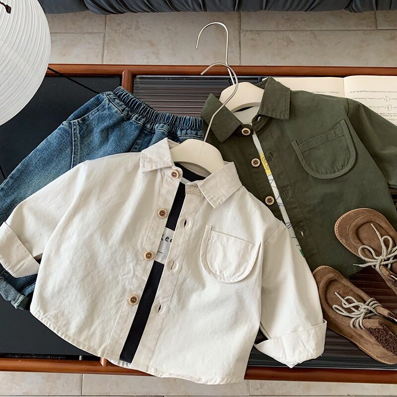 儿童潮范纯色休闲长袖衬衫男女童2026春秋装宝宝衬衣小童时髦外套