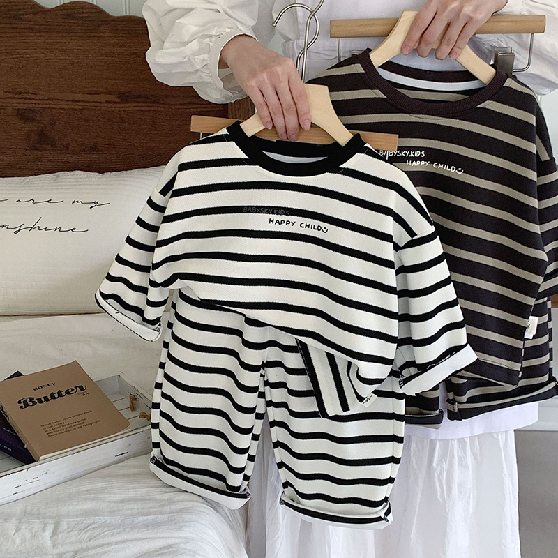 儿童条纹卫衣两件套男女童2025秋季宝宝宽松运动服小童套头套装潮