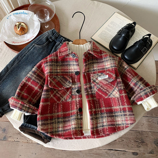 小童加绒毛呢格子衬衫男女童2025秋冬装宝宝保暖衬衣儿童加厚外套