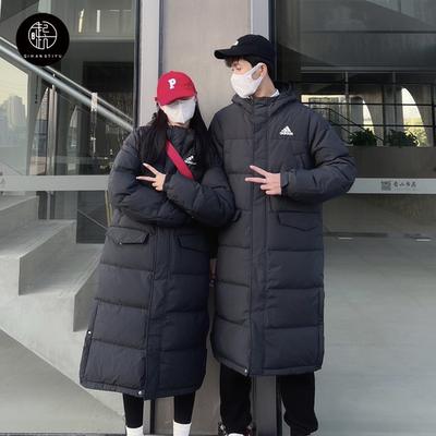 Adidas长款运动保暖连帽羽绒服