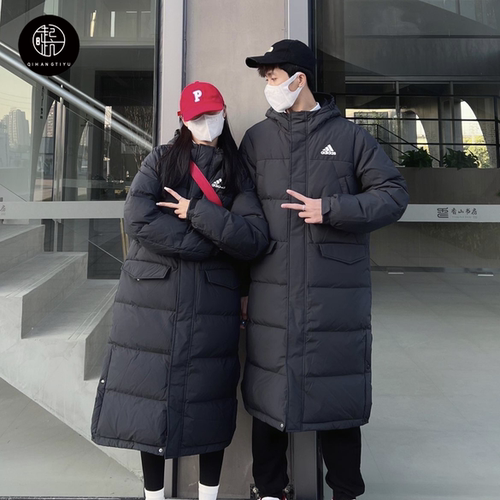 Adidas长款运动保暖连帽羽绒服