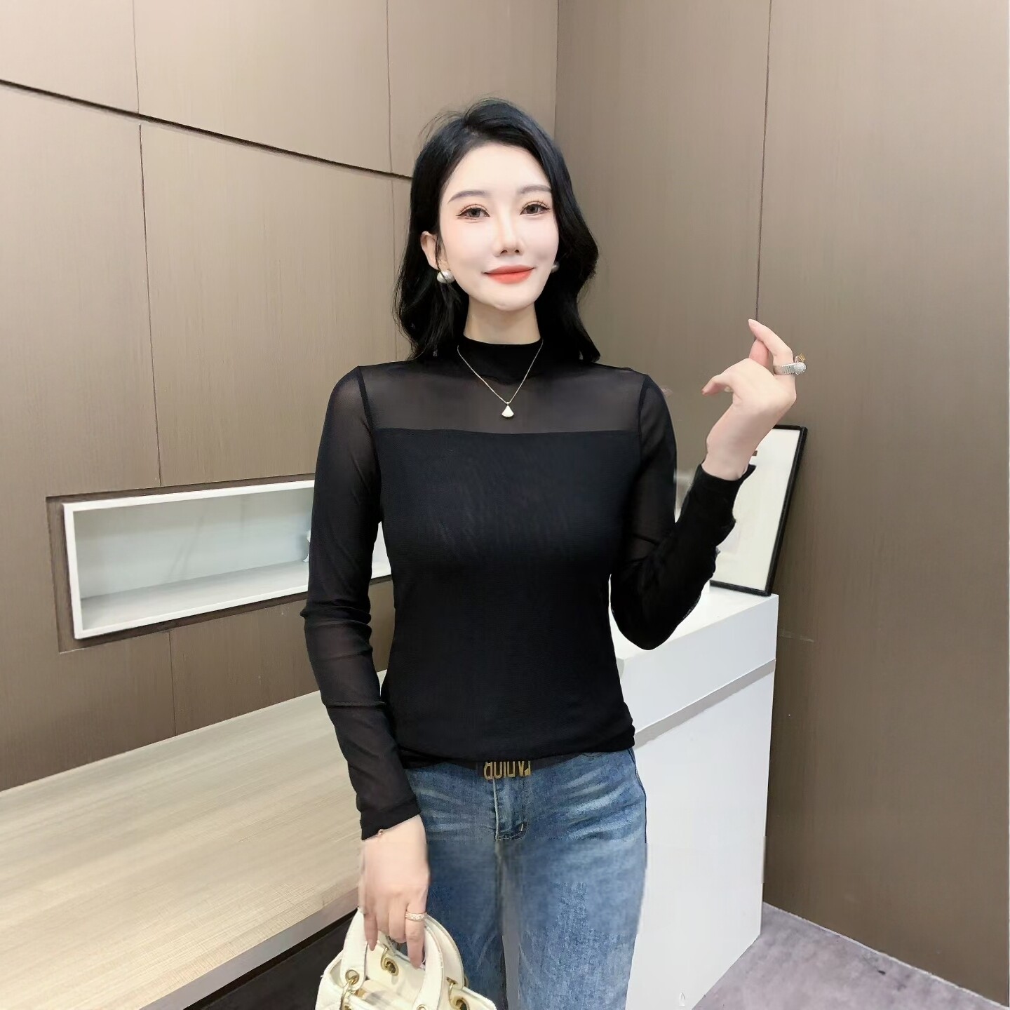 女士半高领长袖T恤时尚修身显瘦洋气百搭秋季网纱薄款打底衫