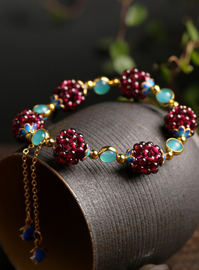 国风天然石榴石简约女款石榴石手链搭配天河石景泰蓝配饰手串手饰