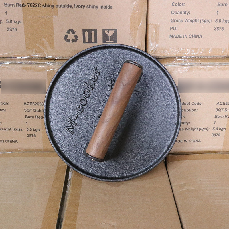 铸铁压肉板圆形条纹款木质手柄直径20cm加厚1cm铁板烧煎肉煎牛排