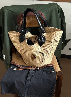 ins博主网红aki同款休闲百搭草编包打结编织包手提包大容量女包潮