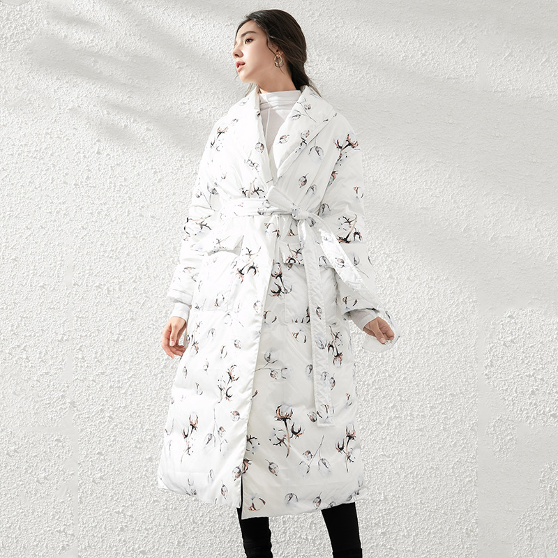 欧美冬季新款棉花印花羽绒服女 南油时尚V领绑带加厚长款羽绒外套