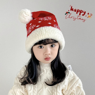 冬季宝宝毛线帽红色儿童圣诞帽男童针织帽洋气女宝保暖帽婴儿帽子