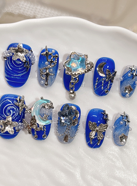 纯手工穿戴甲蓝色梦幻重工成品穿戴美甲短款指甲贴片高级感可拆卸