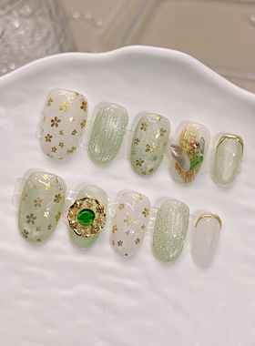 原创春季绿色简约日常纯手工穿戴甲高级感短款显白法式ins风超火